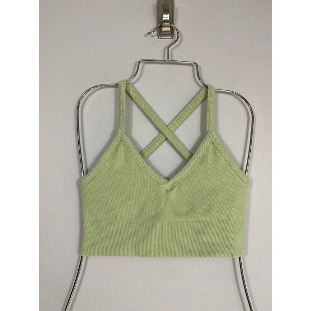 Alo Yoga Ribbed Sports Bra Light Green Strappy Back Size S